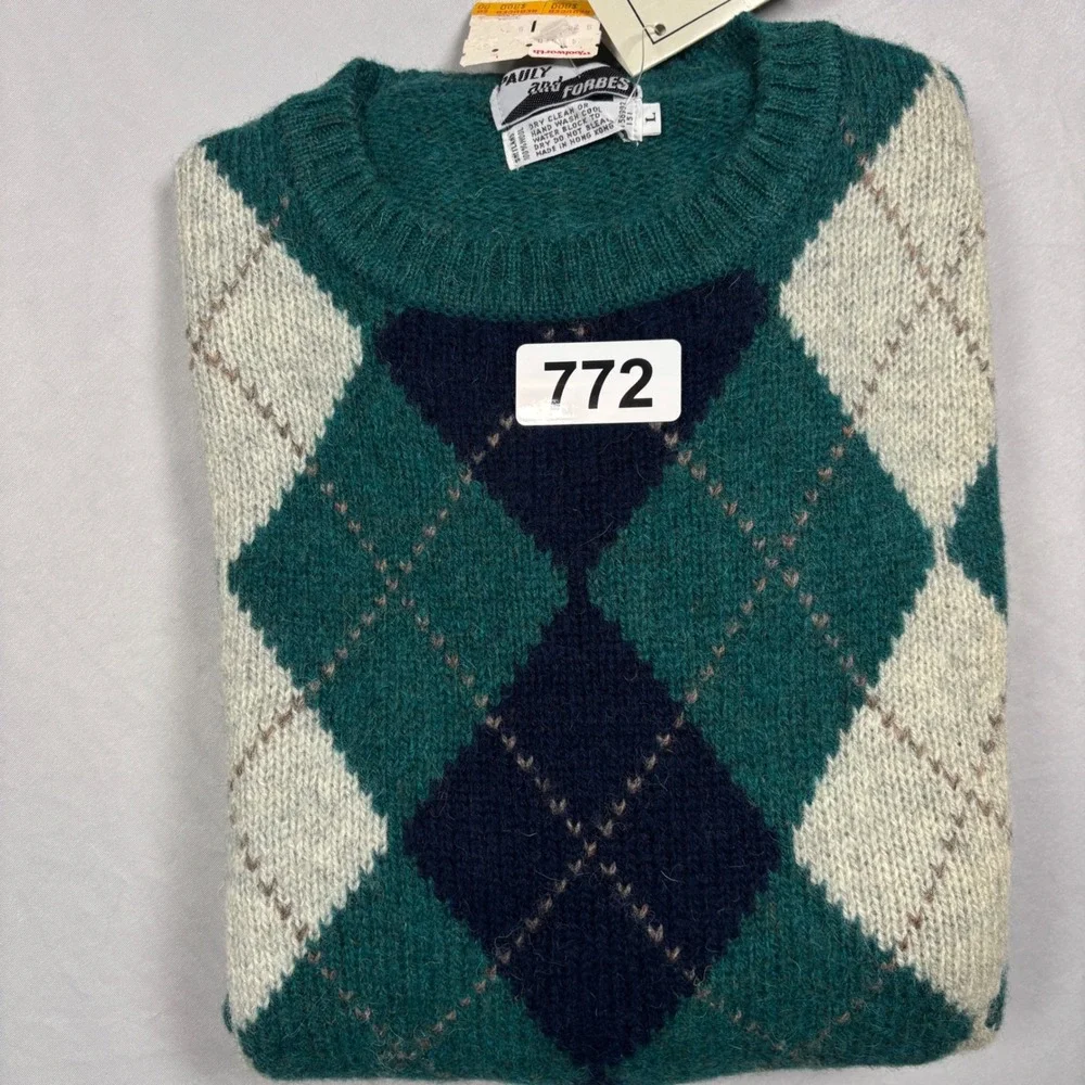 Pauly and Forbes‎ Sweater Mens L Green Argyle 100% Shetland Wool Grandpa NWT